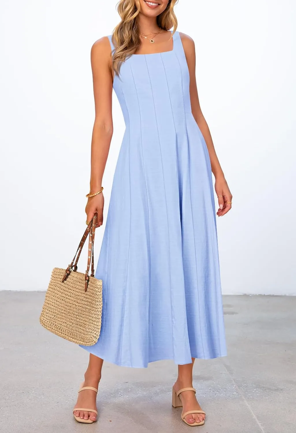 MEROKEETY Women's 2025 Summer Sleeveless Midi Dress Square Neck Smocked Flowy A Line Beach Dresses