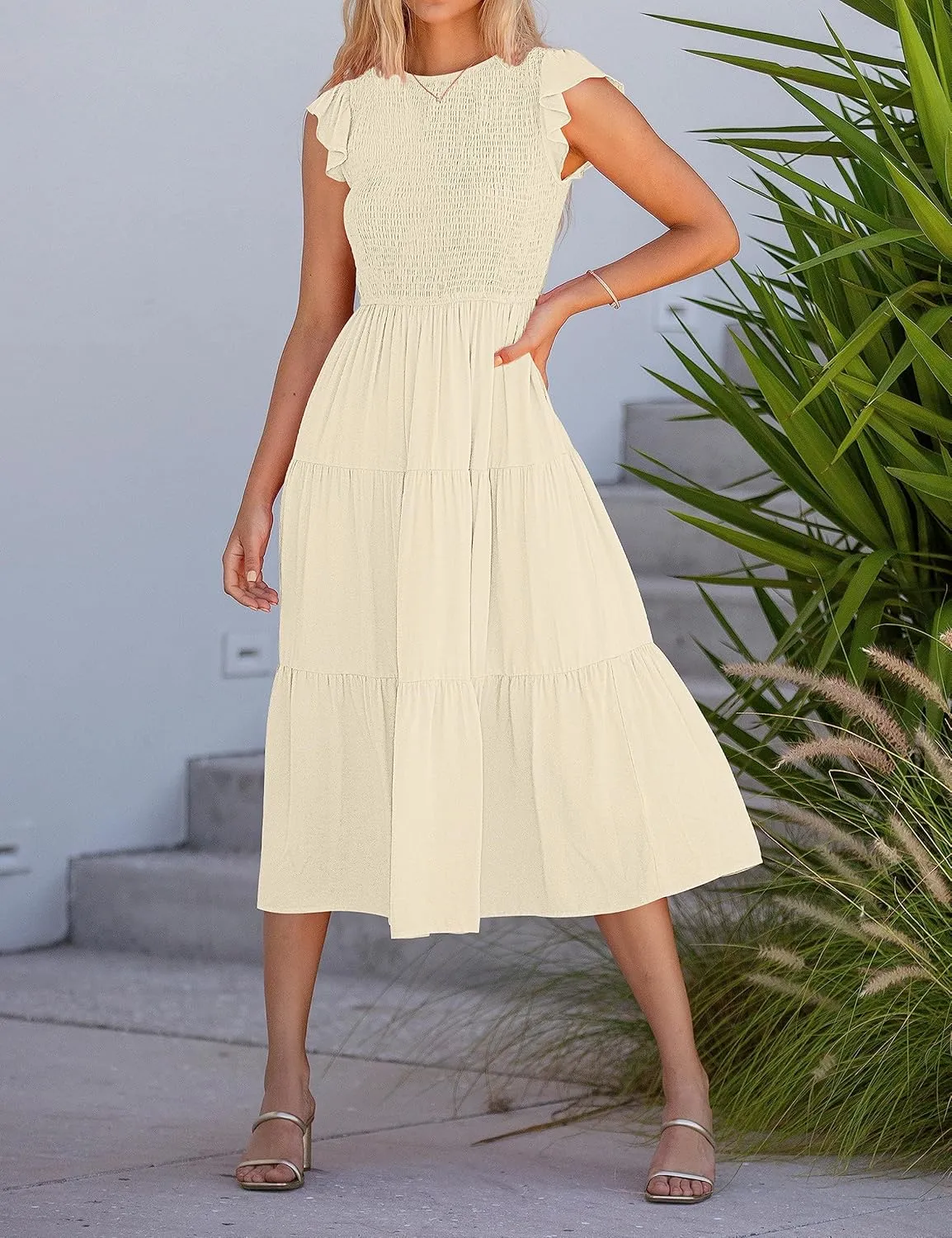 MEROKEETY Women's Flutter Short Sleeve Smocked Midi Dress Summer Casual Tiered A-Line Dress