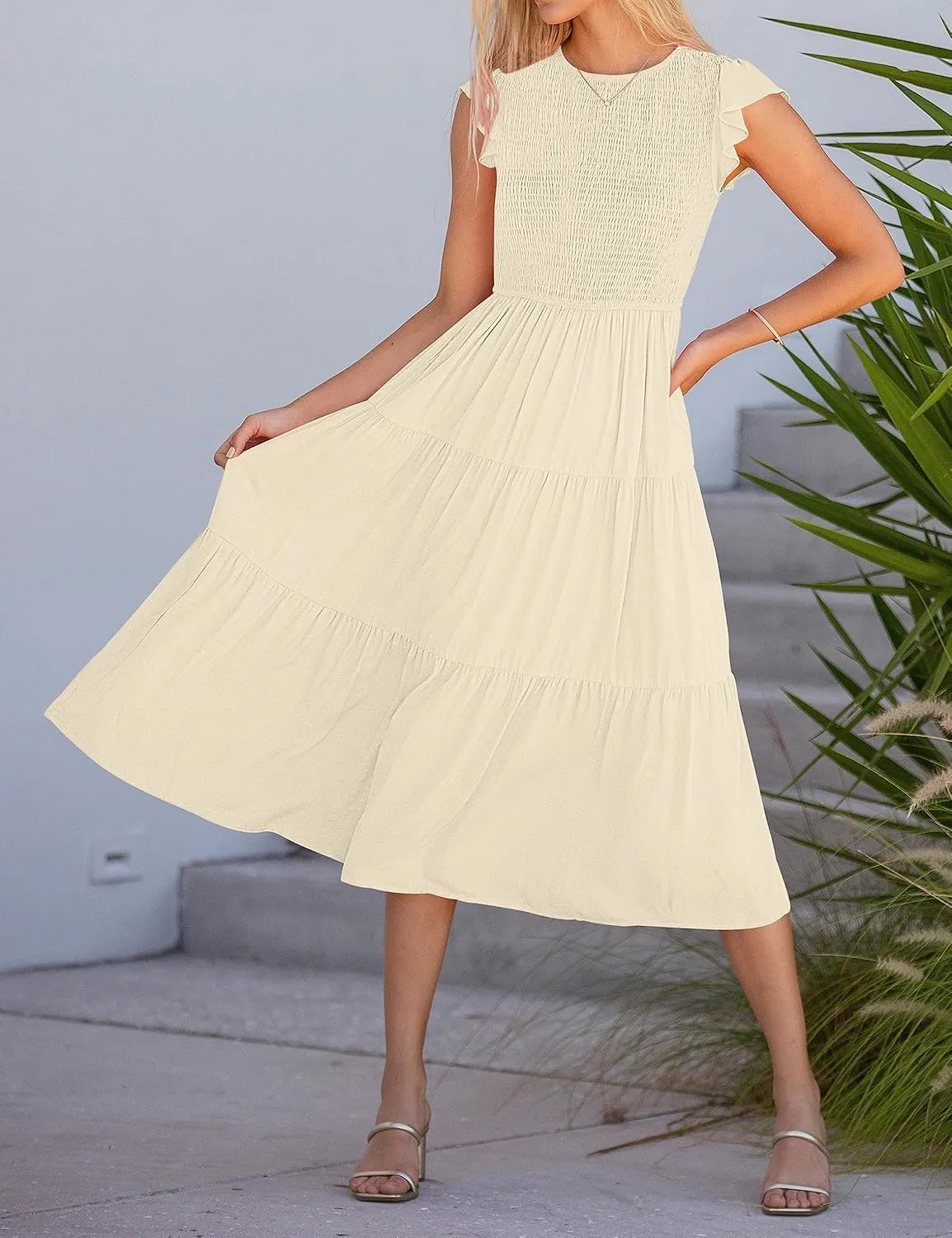 MEROKEETY Women's Flutter Short Sleeve Smocked Midi Dress Summer Casual Tiered A-Line Dress
