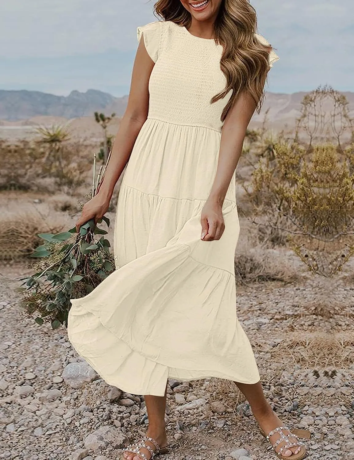 MEROKEETY Women's Flutter Short Sleeve Smocked Midi Dress Summer Casual Tiered A-Line Dress