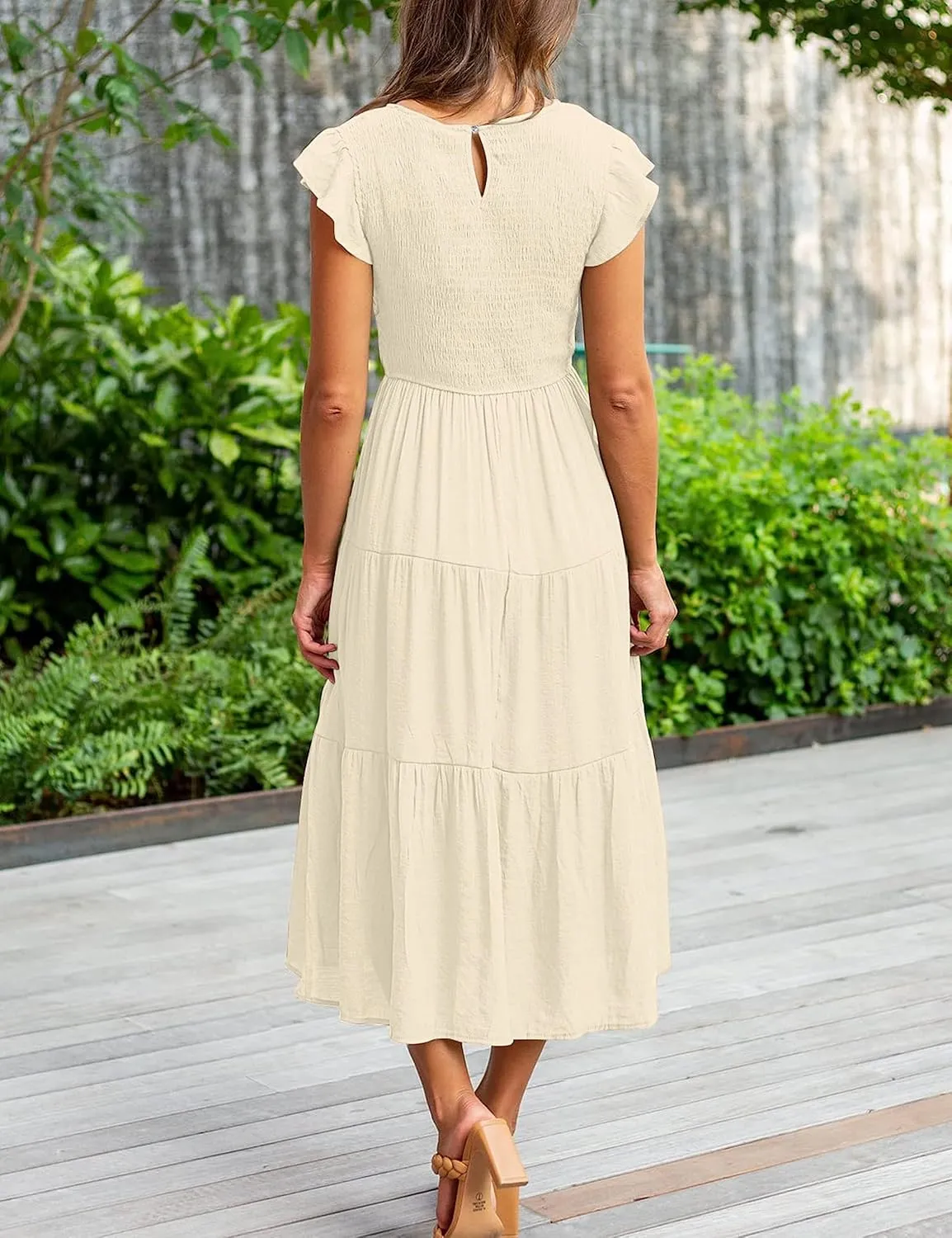 MEROKEETY Women's Flutter Short Sleeve Smocked Midi Dress Summer Casual Tiered A-Line Dress