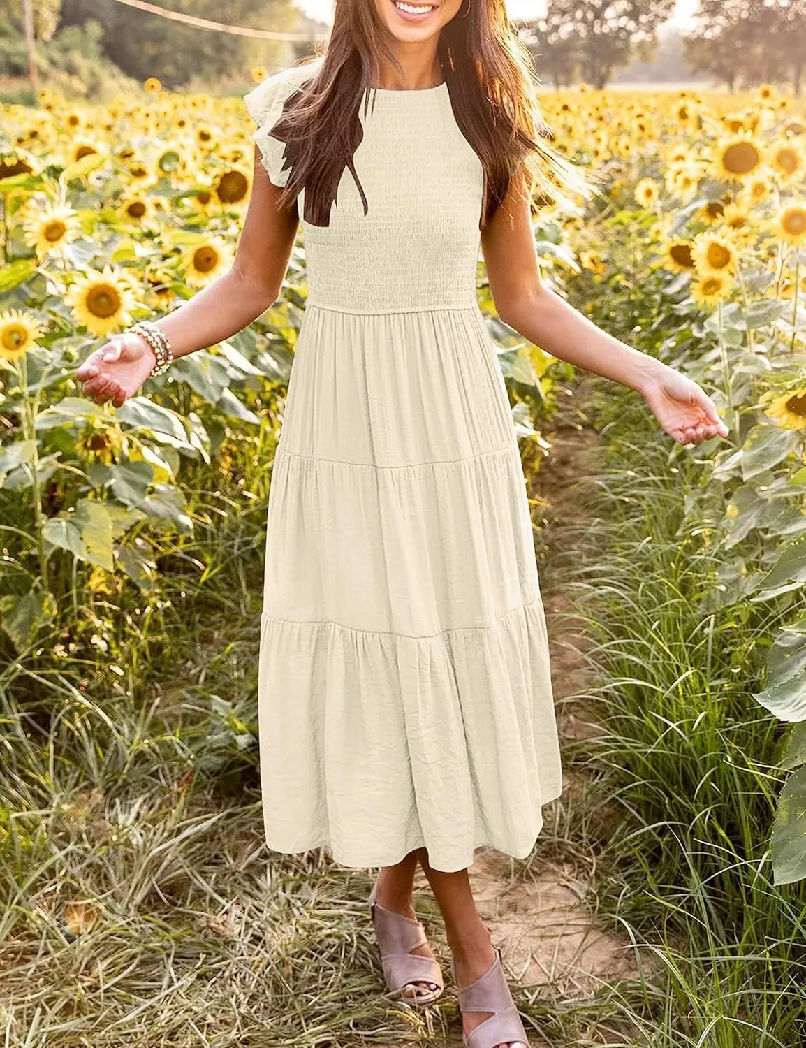 MEROKEETY Women's Flutter Short Sleeve Smocked Midi Dress Summer Casual Tiered A-Line Dress