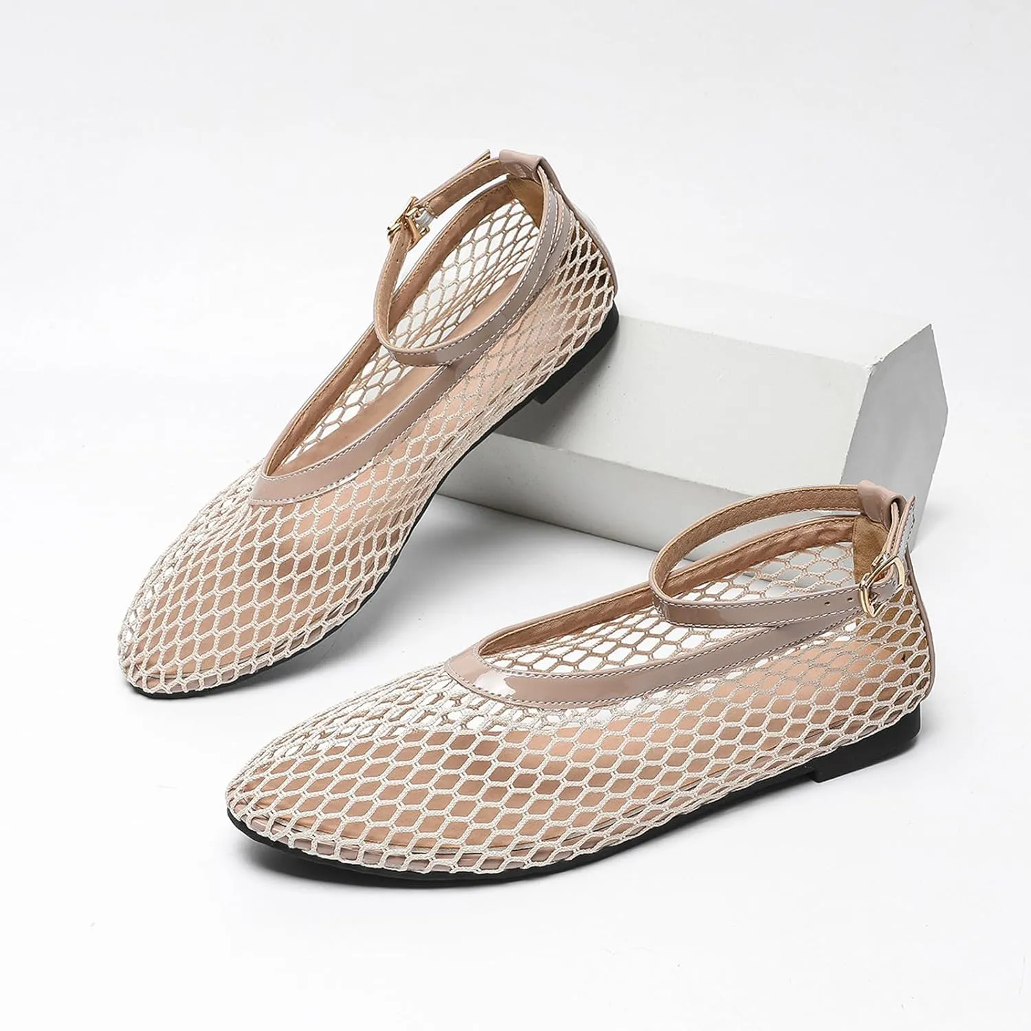 Mesh Ballet Flats for Women Round Toe Ankle Strap Comfy Casual Fishnet Mary Jane Flats Womens Summer Shoes