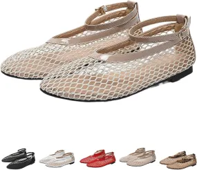 Mesh Ballet Flats for Women Round Toe Ankle Strap Comfy Casual Fishnet Mary Jane Flats Womens Summer Shoes