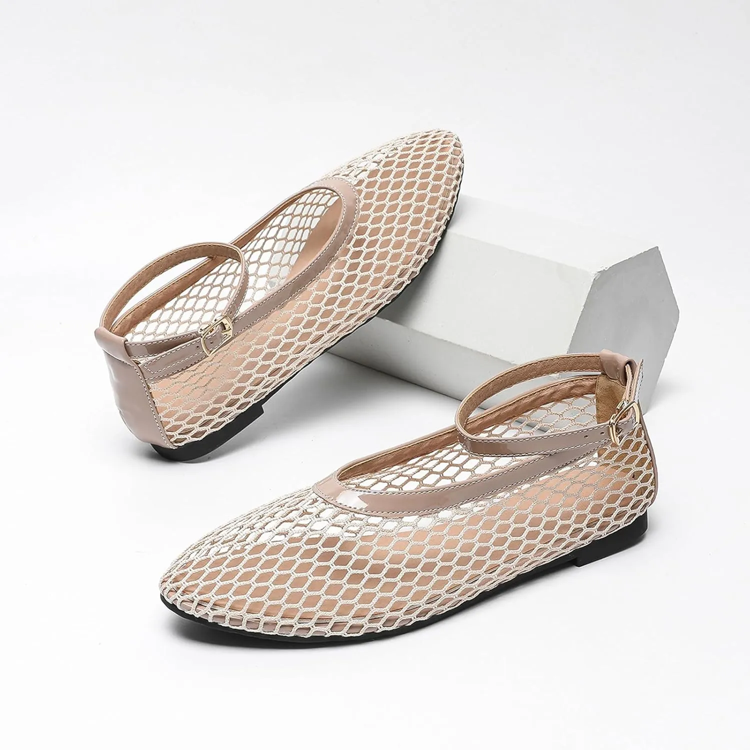 Mesh Ballet Flats for Women Round Toe Ankle Strap Comfy Casual Fishnet Mary Jane Flats Womens Summer Shoes