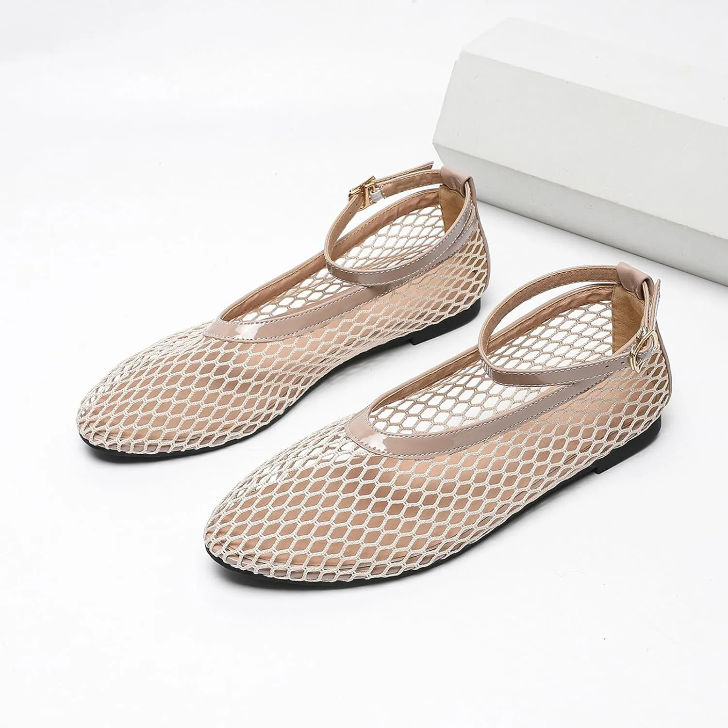 Mesh Ballet Flats for Women Round Toe Ankle Strap Comfy Casual Fishnet Mary Jane Flats Womens Summer Shoes