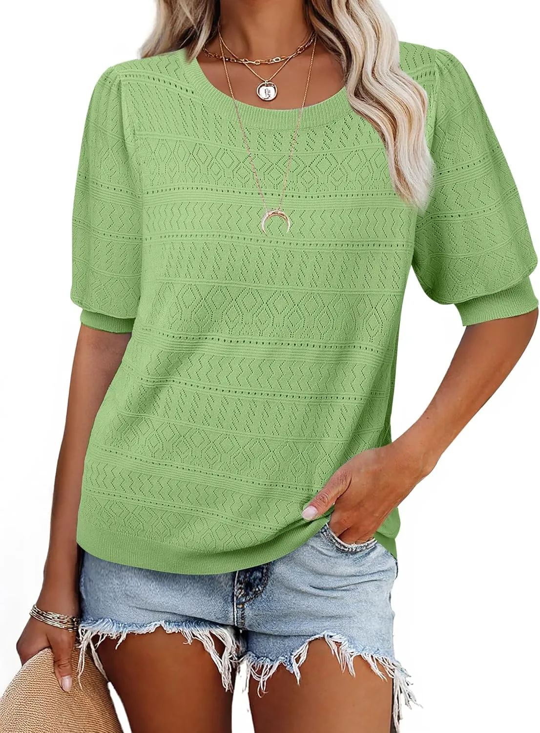 Messic Womens Short Sleeve Sweaters 2025 Summer Casual Crewneck Pullover Tops