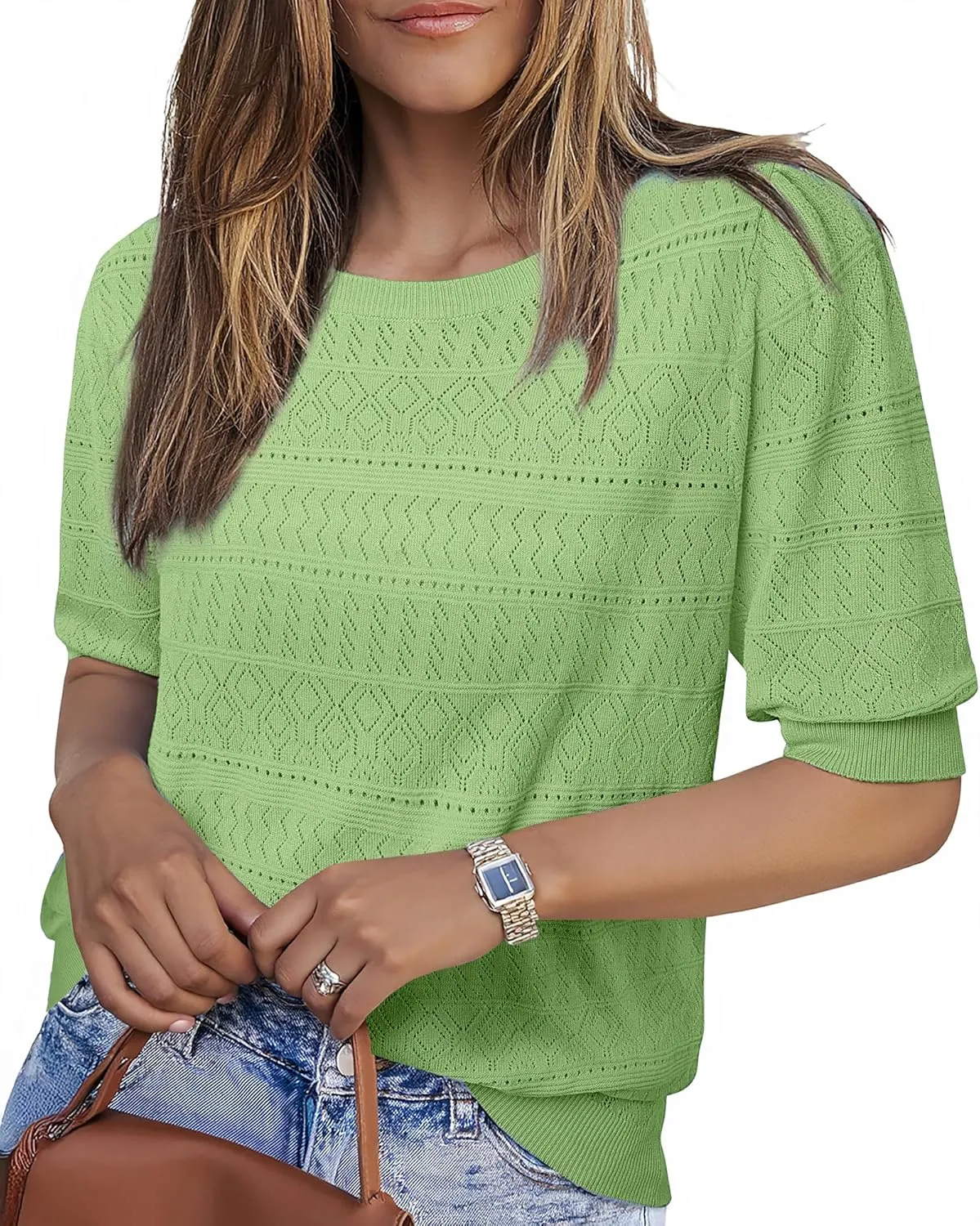 Messic Womens Short Sleeve Sweaters 2025 Summer Casual Crewneck Pullover Tops