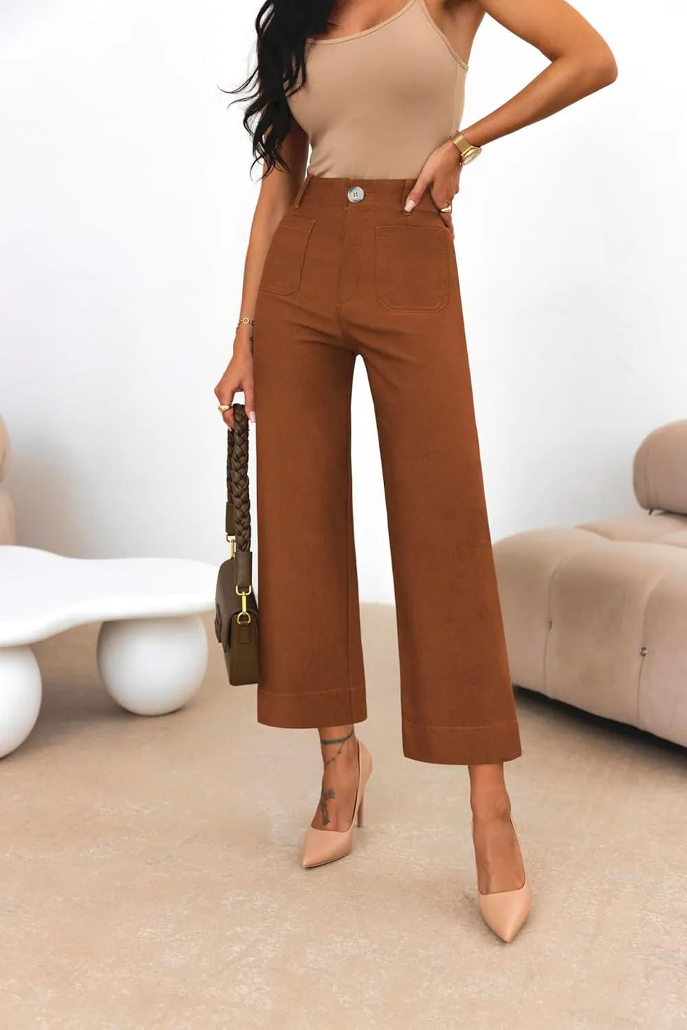 miduo Womens High Waisted Cropped Wide Leg Stretchy Straight Pants Trousers with Pockets