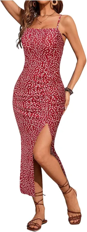Milumia Women's Floral Spaghetti Strap Midi Dress Boho Split Thigh Bodycon Cami Dresses