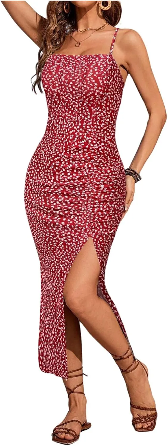 Milumia Women's Floral Spaghetti Strap Midi Dress Boho Split Thigh Bodycon Cami Dresses