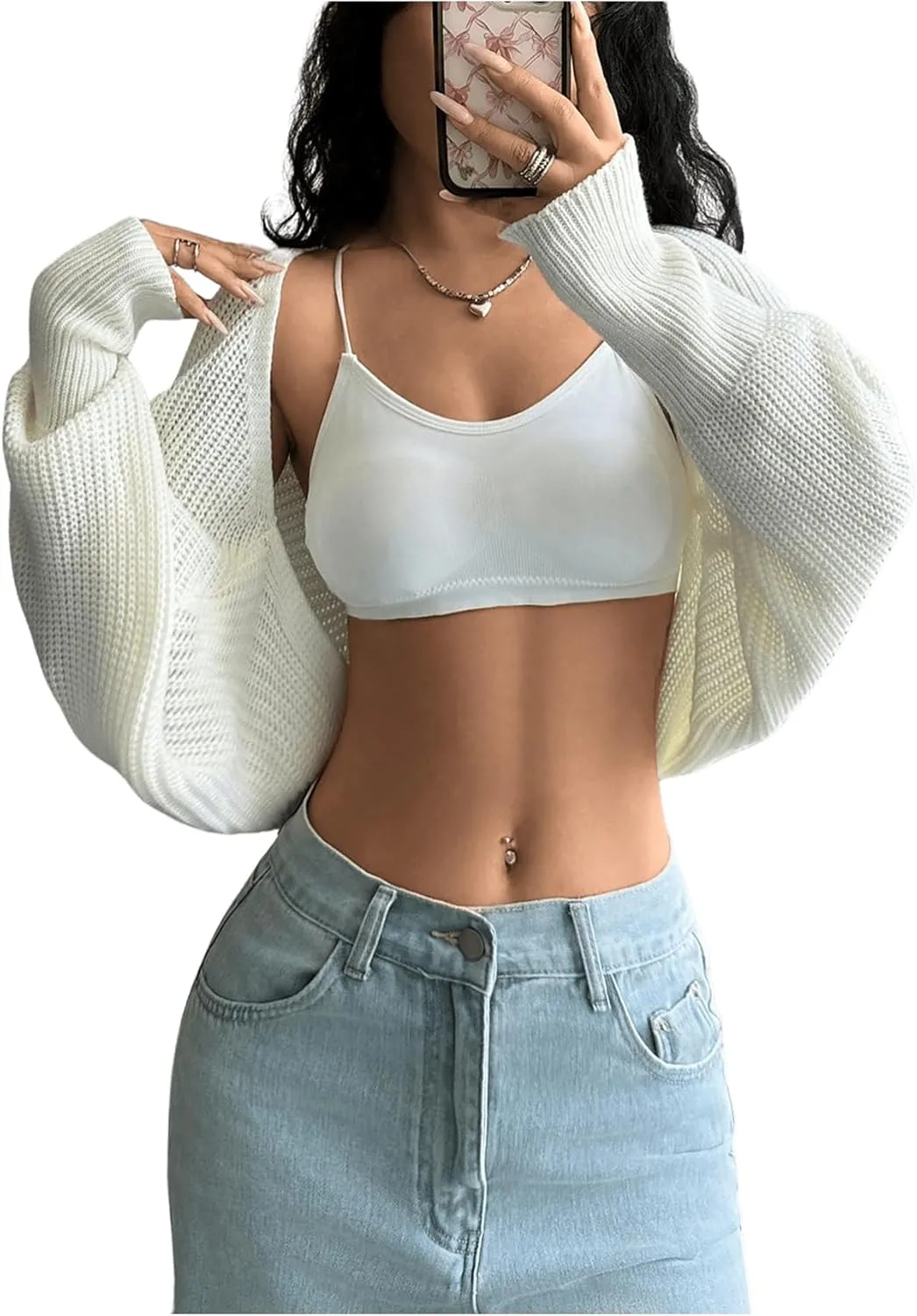Milumia Women's Open Front Sweater Shrug Lantern Long Sleeve Crop Shoulder Cardigan