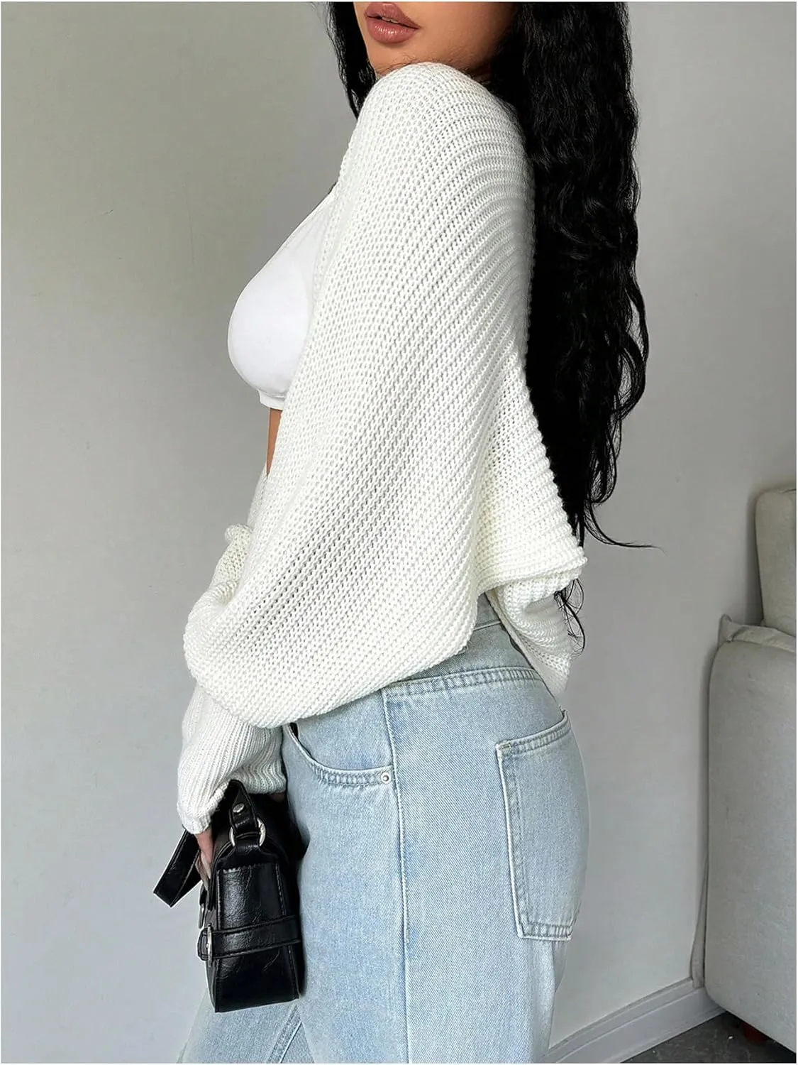 Milumia Women's Open Front Sweater Shrug Lantern Long Sleeve Crop Shoulder Cardigan