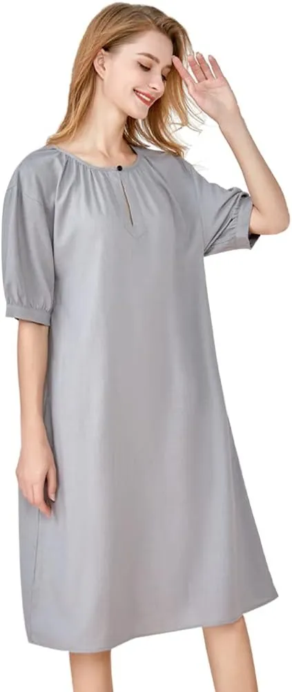 Minibee Women's Cotton Linen Dress Short Sleeve Midi Casual Plus Size Tunic Dress with Pockets