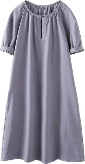 Minibee Women's Cotton Linen Dress Short Sleeve Midi Casual Plus Size Tunic Dress with Pockets