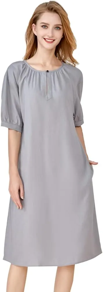 Minibee Women's Cotton Linen Dress Short Sleeve Midi Casual Plus Size Tunic Dress with Pockets
