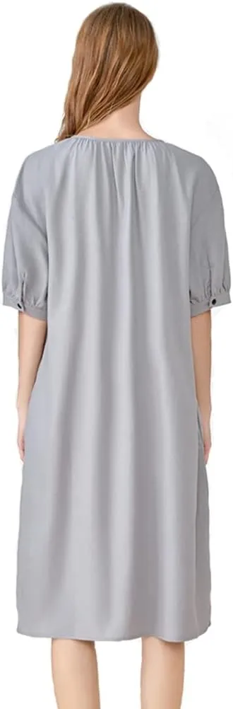 Minibee Women's Cotton Linen Dress Short Sleeve Midi Casual Plus Size Tunic Dress with Pockets