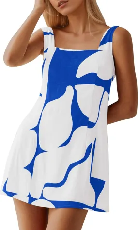 MISSACTIVER Women Sleeveless Mini Dress Print Backless Square Neck Tank Dress Boho Vacation Sundress Shift Dresses