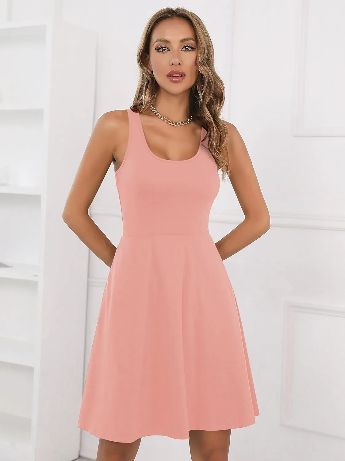 Missufe Women's Sleeveless Racerback Flared Casual Plain Tank Dress