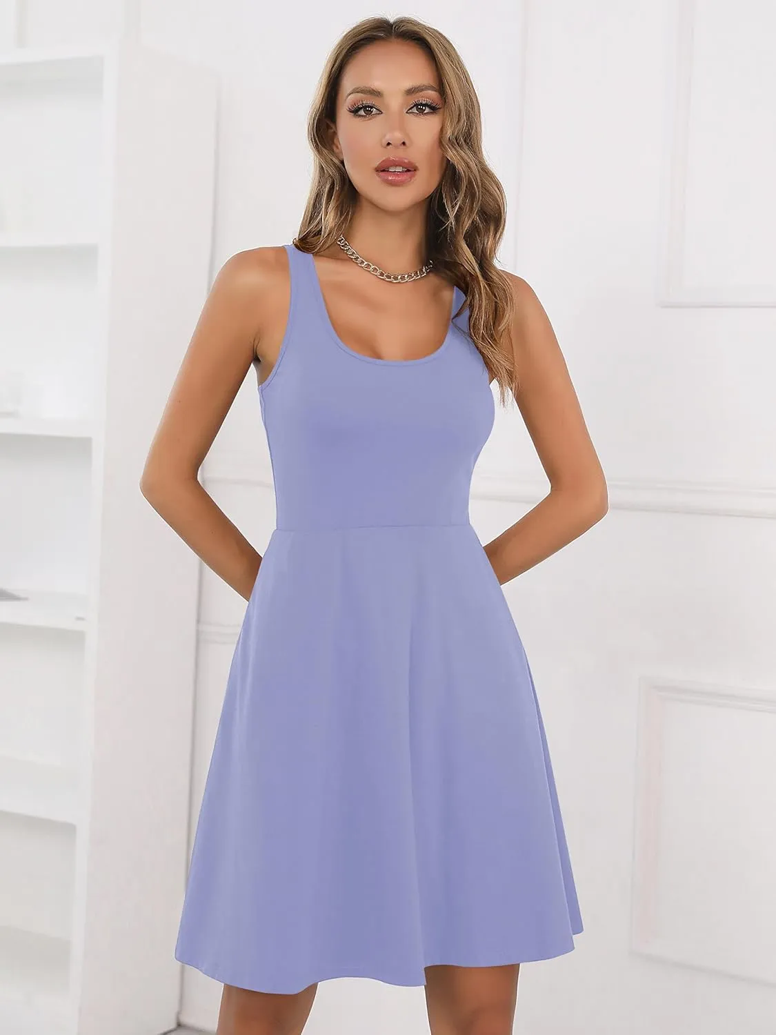 Missufe Women's Sleeveless Racerback Flared Casual Plain Tank Dress
