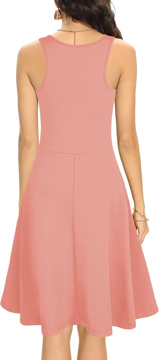 Missufe Women's Sleeveless Racerback Flared Casual Plain Tank Dress
