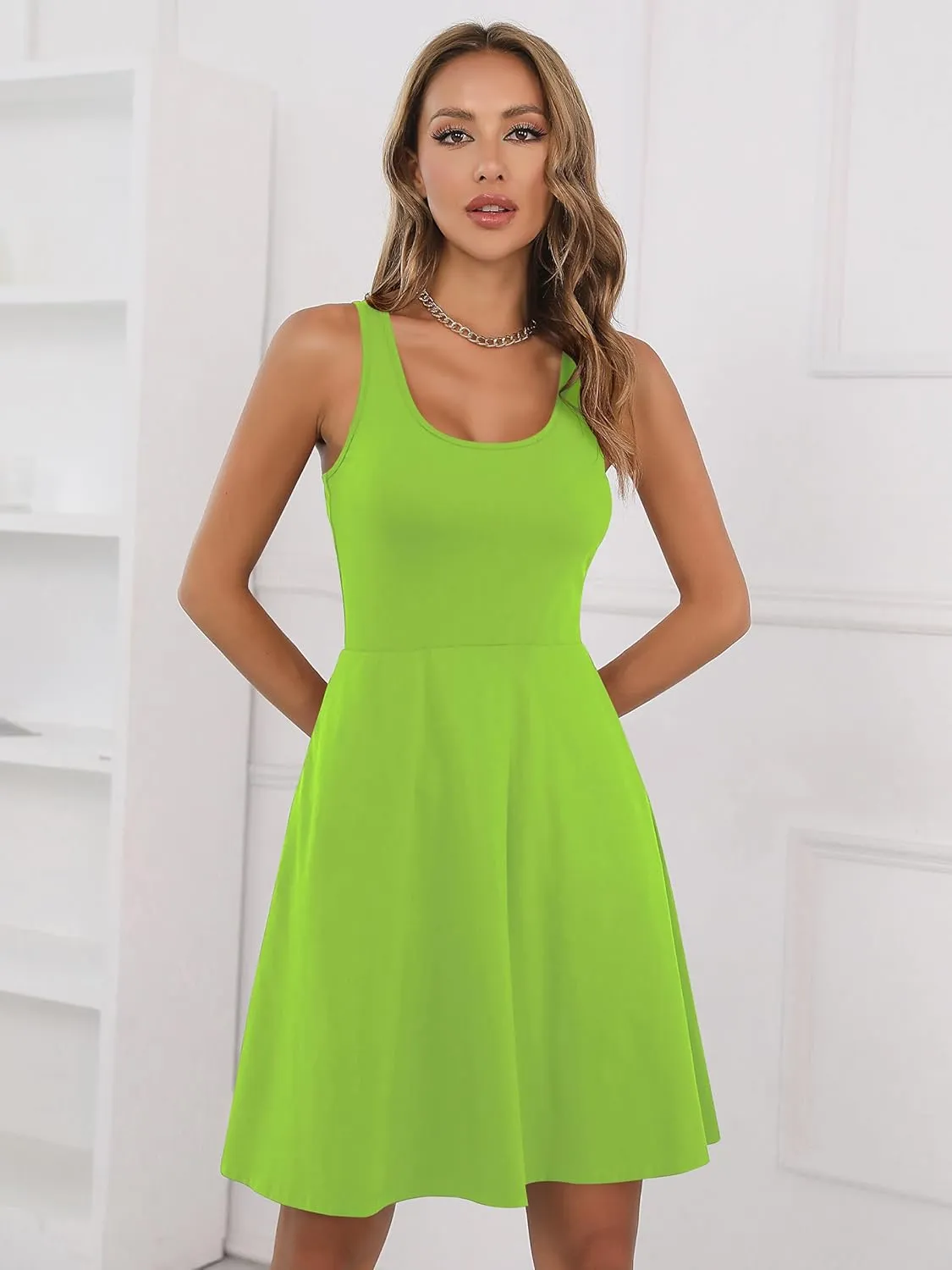 Missufe Women's Sleeveless Racerback Flared Casual Plain Tank Dress
