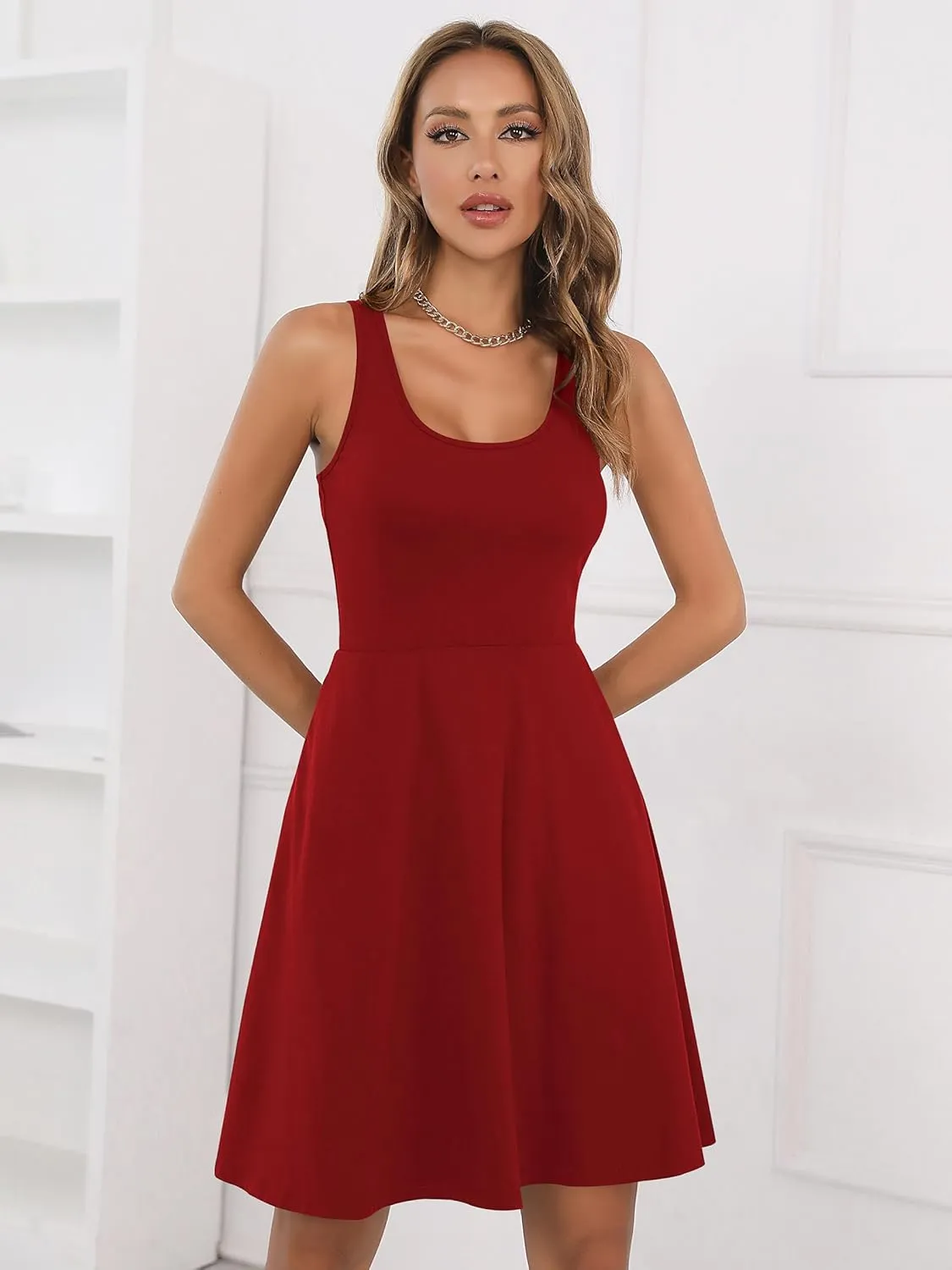 Missufe Women's Sleeveless Racerback Flared Casual Plain Tank Dress