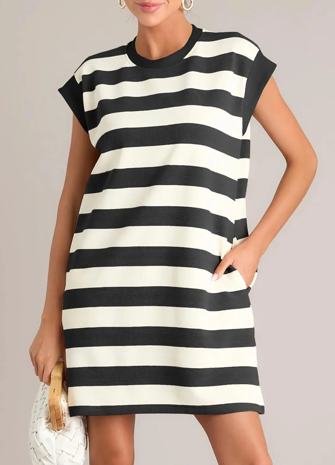 MITILLY Womens Striped Casual Summer Dresses Crewneck Cap Sleeve Color Block Shift Tshirt Short Dress with Pockets New