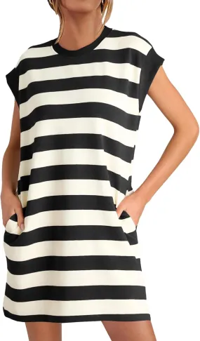 MITILLY Womens Striped Casual Summer Dresses Crewneck Cap Sleeve Color Block Shift Tshirt Short Dress with Pockets New