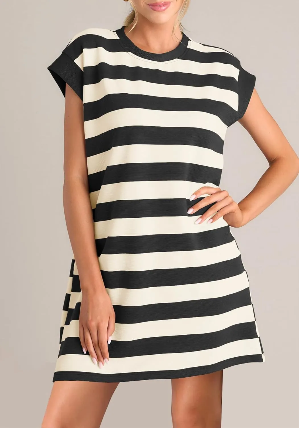 MITILLY Womens Striped Casual Summer Dresses Crewneck Cap Sleeve Color Block Shift Tshirt Short Dress with Pockets New