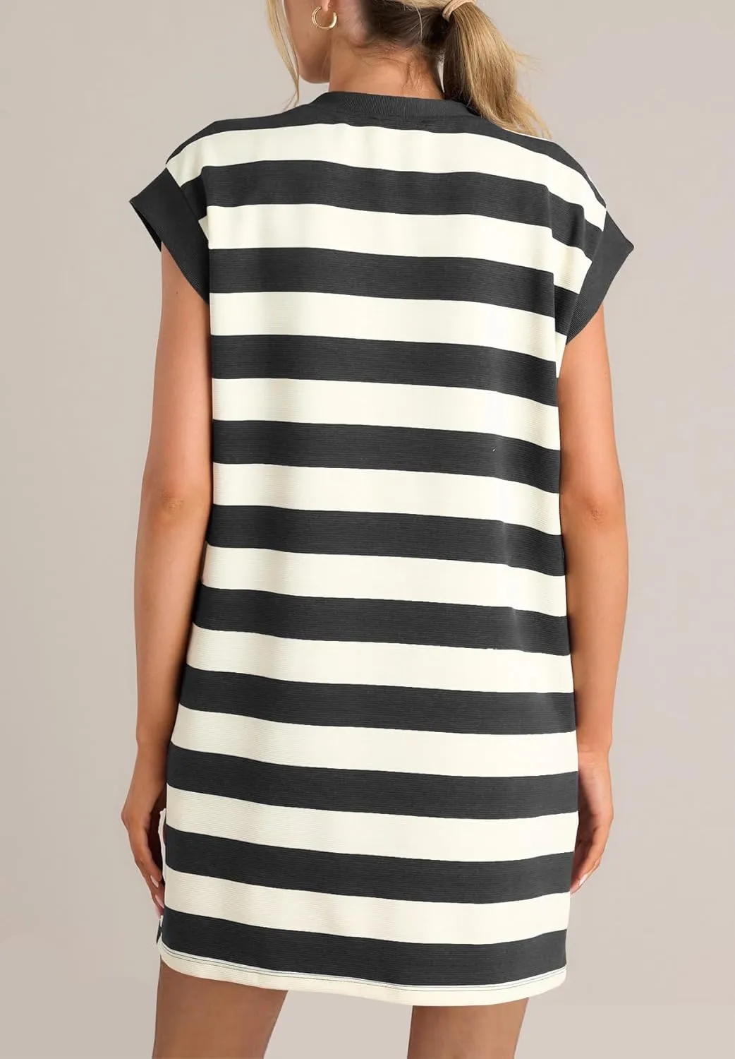 MITILLY Womens Striped Casual Summer Dresses Crewneck Cap Sleeve Color Block Shift Tshirt Short Dress with Pockets New