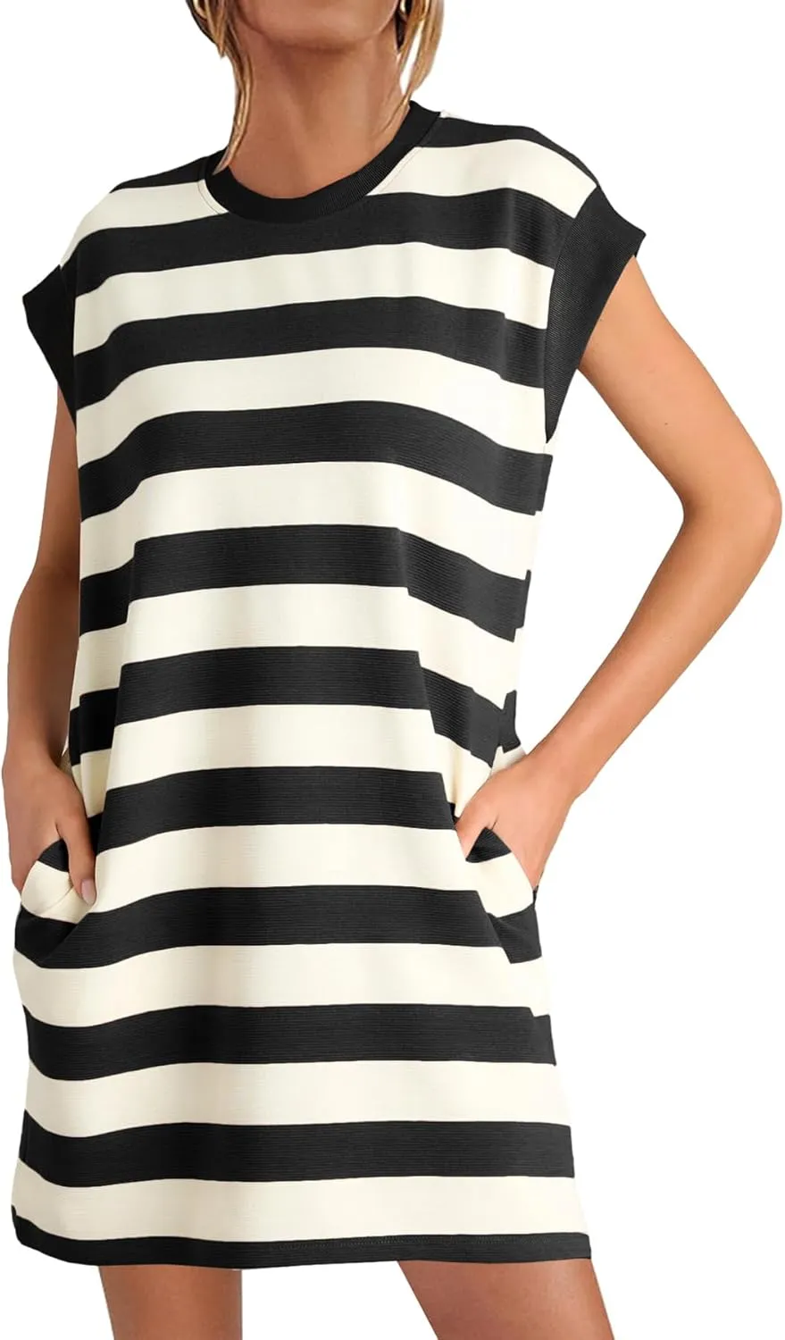 MITILLY Womens Striped Casual Summer Dresses Crewneck Cap Sleeve Color Block Shift Tshirt Short Dress with Pockets New