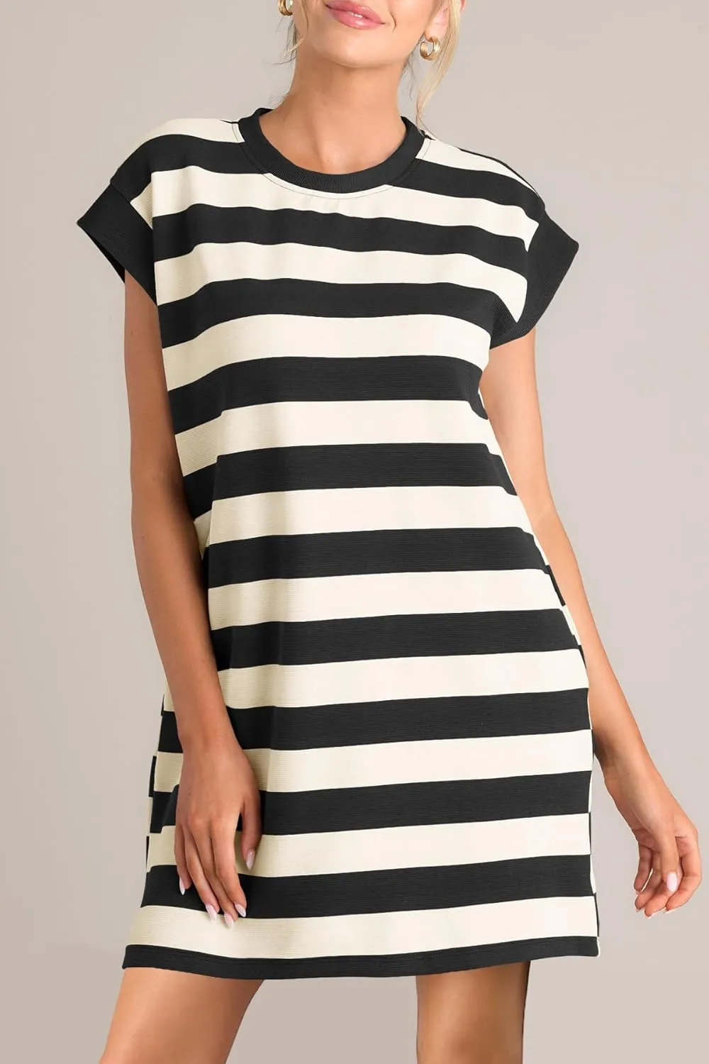 MITILLY Womens Striped Casual Summer Dresses Crewneck Cap Sleeve Color Block Shift Tshirt Short Dress with Pockets New