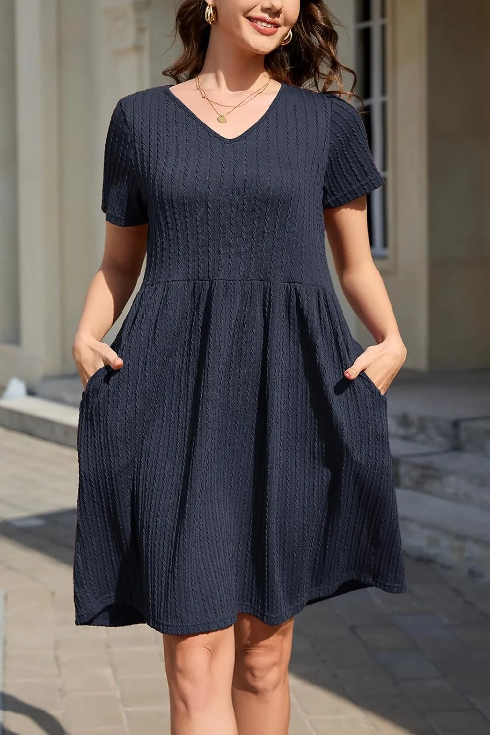 nclook Womens Summer Casual Dresses Short Sleeve V Neck Dress with Pockets