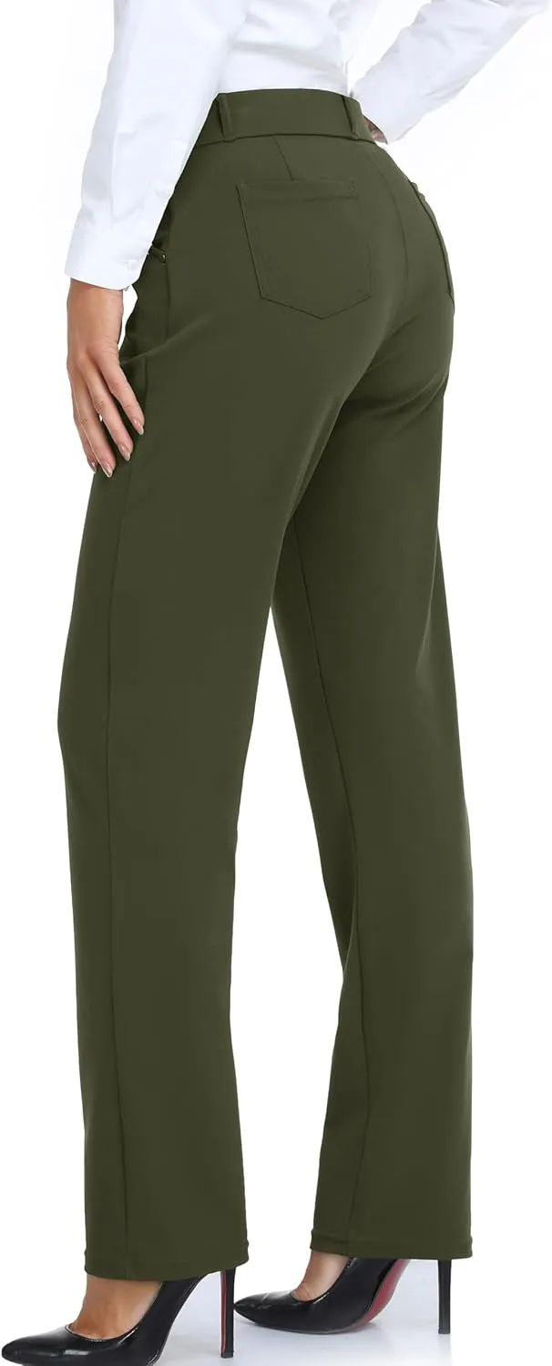 Oalka Women's Dress Pants Straight Leg Yoga Work Stretchy Pant for Office Business