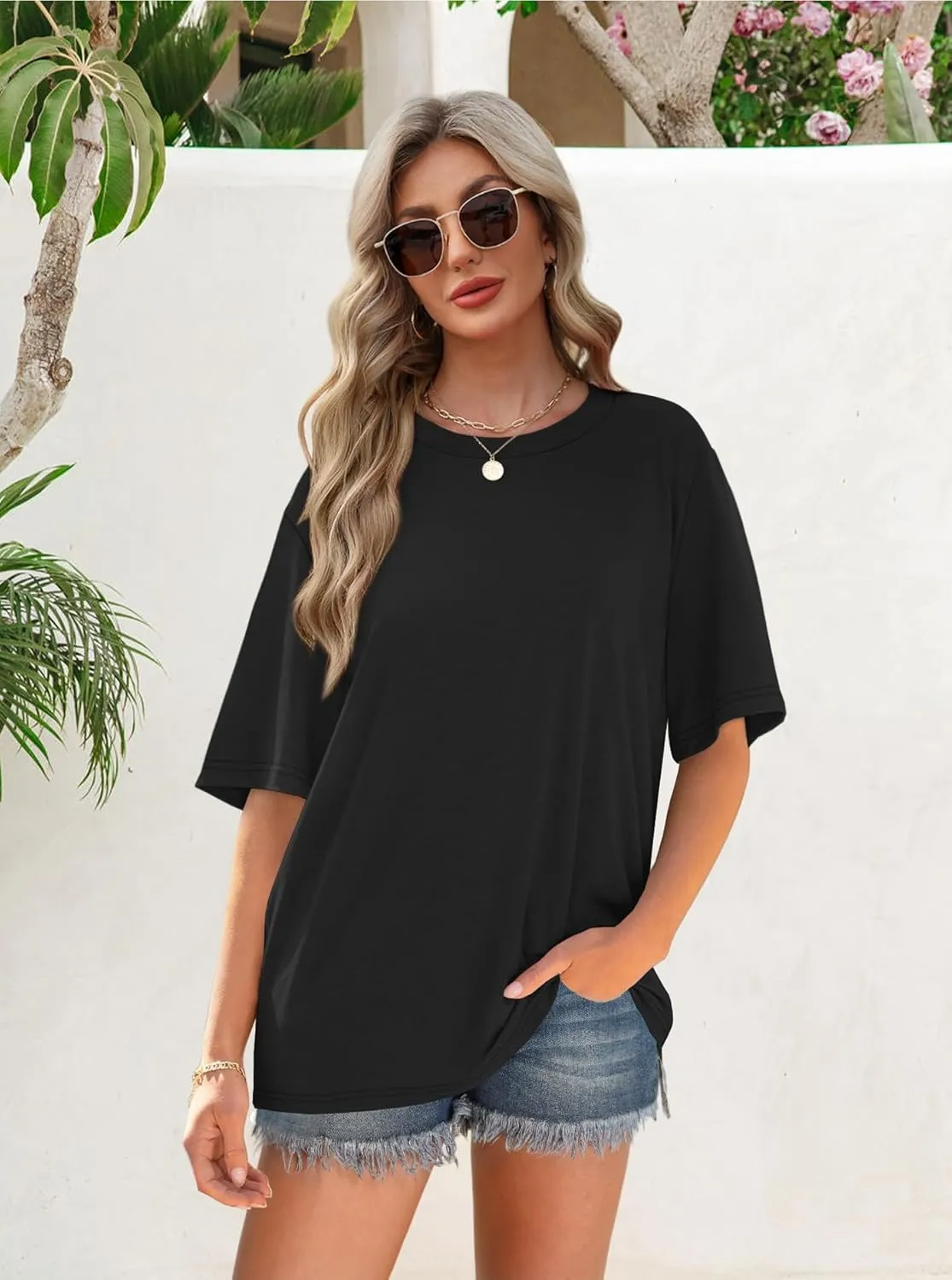 OFEEFAN Summer Tops for Women 2025 Short Sleeve Shirts Dressy Casual Crew Neck Tshirts Fashion
