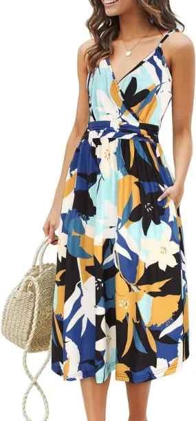 OUGES Women's Summer Spaghetti Strap V-Neck Floral Short Party Dress with Pockets