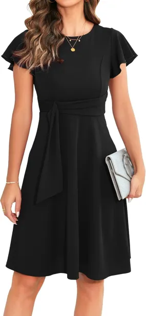 OWIN Womens 2025 Elegant Ruffle Sleeve Flared A Line Swing Casual Party Cocktail Dresses