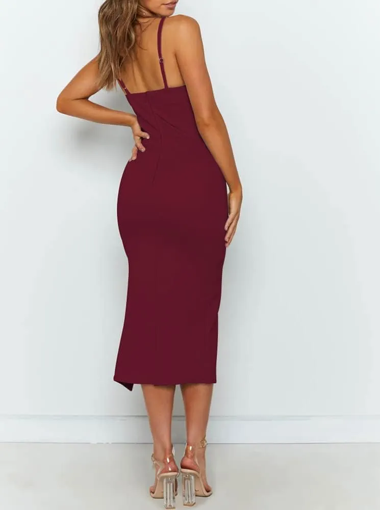 OWIN Women's Adjustable Spaghetti Straps Sleeveless High Waist Split Midi Bodycon Cocktail Party Dress