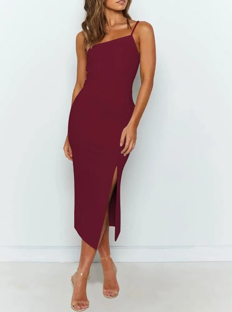 OWIN Women's Adjustable Spaghetti Straps Sleeveless High Waist Split Midi Bodycon Cocktail Party Dress