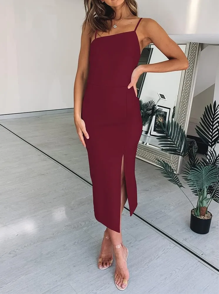 OWIN Women's Adjustable Spaghetti Straps Sleeveless High Waist Split Midi Bodycon Cocktail Party Dress