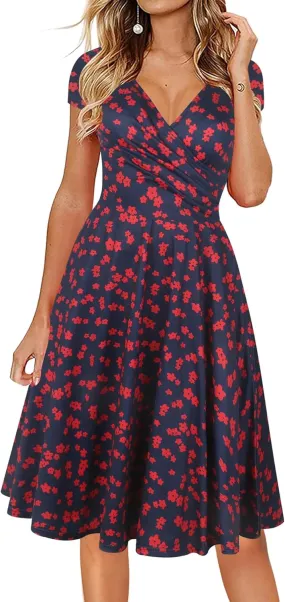 oxiuly Women's Cap Sleeve Summer Casual Dresses V-Neck Floral Vacation Party Dress OX233