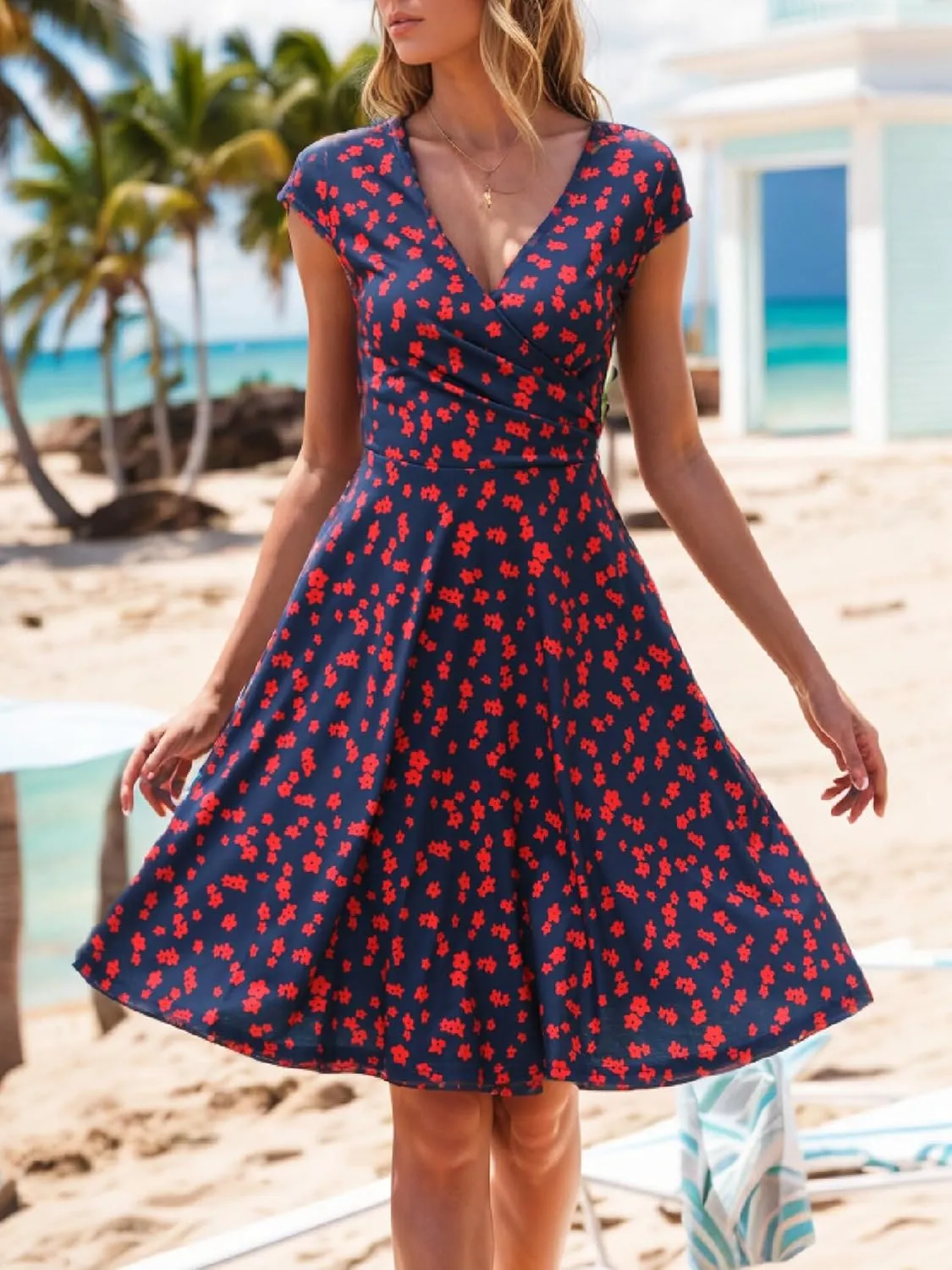 oxiuly Women's Cap Sleeve Summer Casual Dresses V-Neck Floral Vacation Party Dress OX233