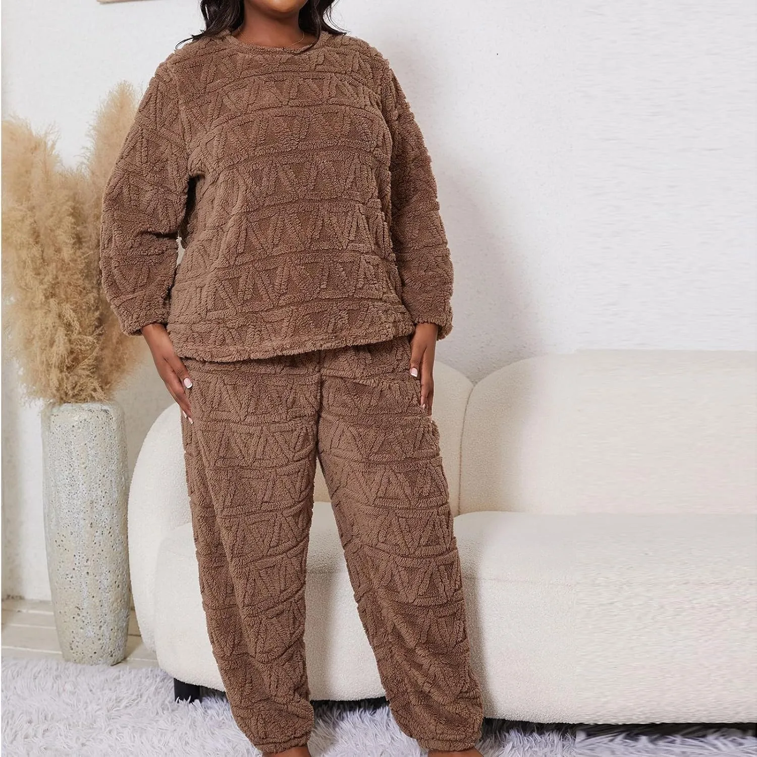 Plus Size Plush Fleece Pajama Set,Womens Soft Solid Plaid Jacquard Pajamas Hoodie and Pant Sets Cozy Lounge Sleepwear