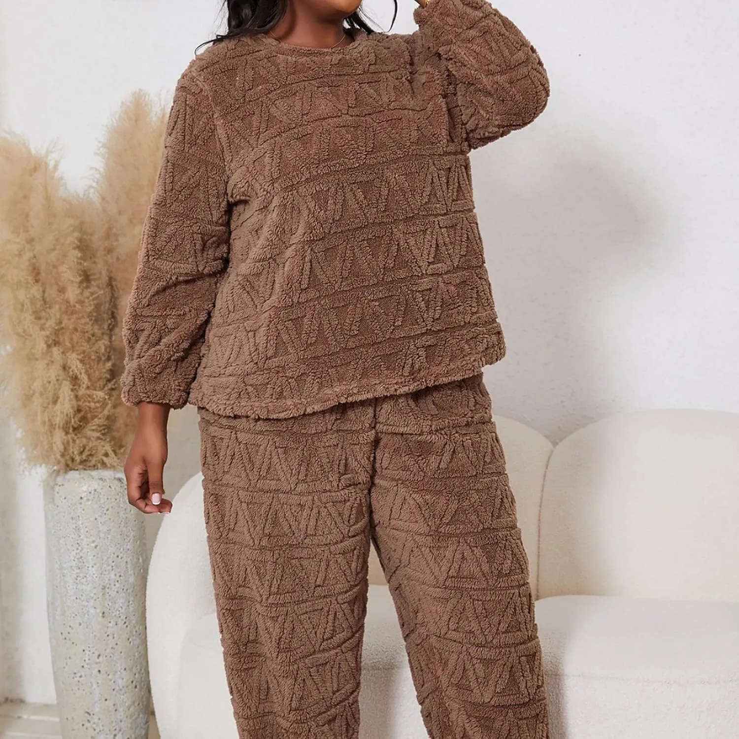 Plus Size Plush Fleece Pajama Set,Womens Soft Solid Plaid Jacquard Pajamas Hoodie and Pant Sets Cozy Lounge Sleepwear