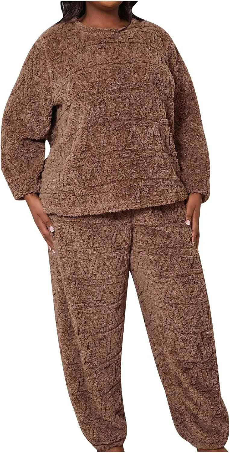 Plus Size Plush Fleece Pajama Set,Womens Soft Solid Plaid Jacquard Pajamas Hoodie and Pant Sets Cozy Lounge Sleepwear