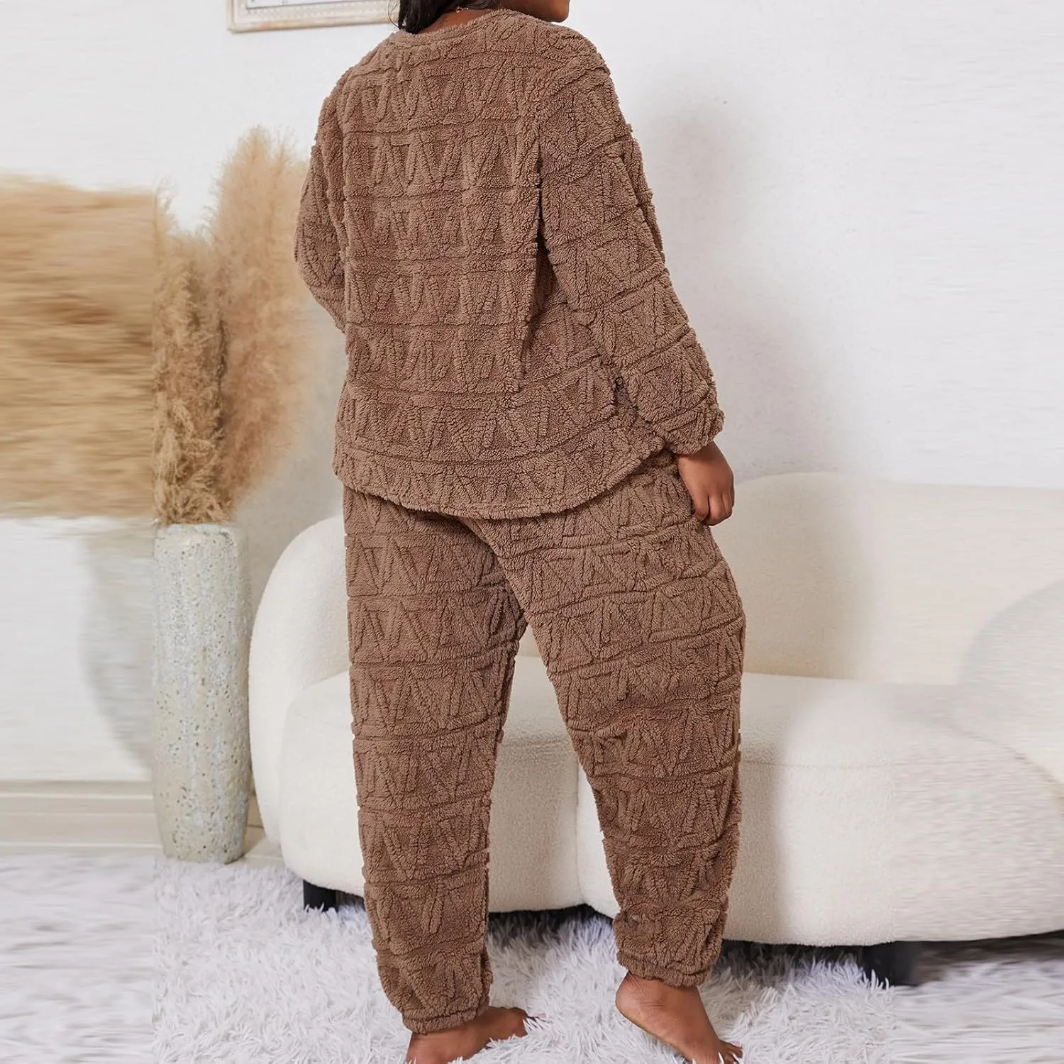 Plus Size Plush Fleece Pajama Set,Womens Soft Solid Plaid Jacquard Pajamas Hoodie and Pant Sets Cozy Lounge Sleepwear