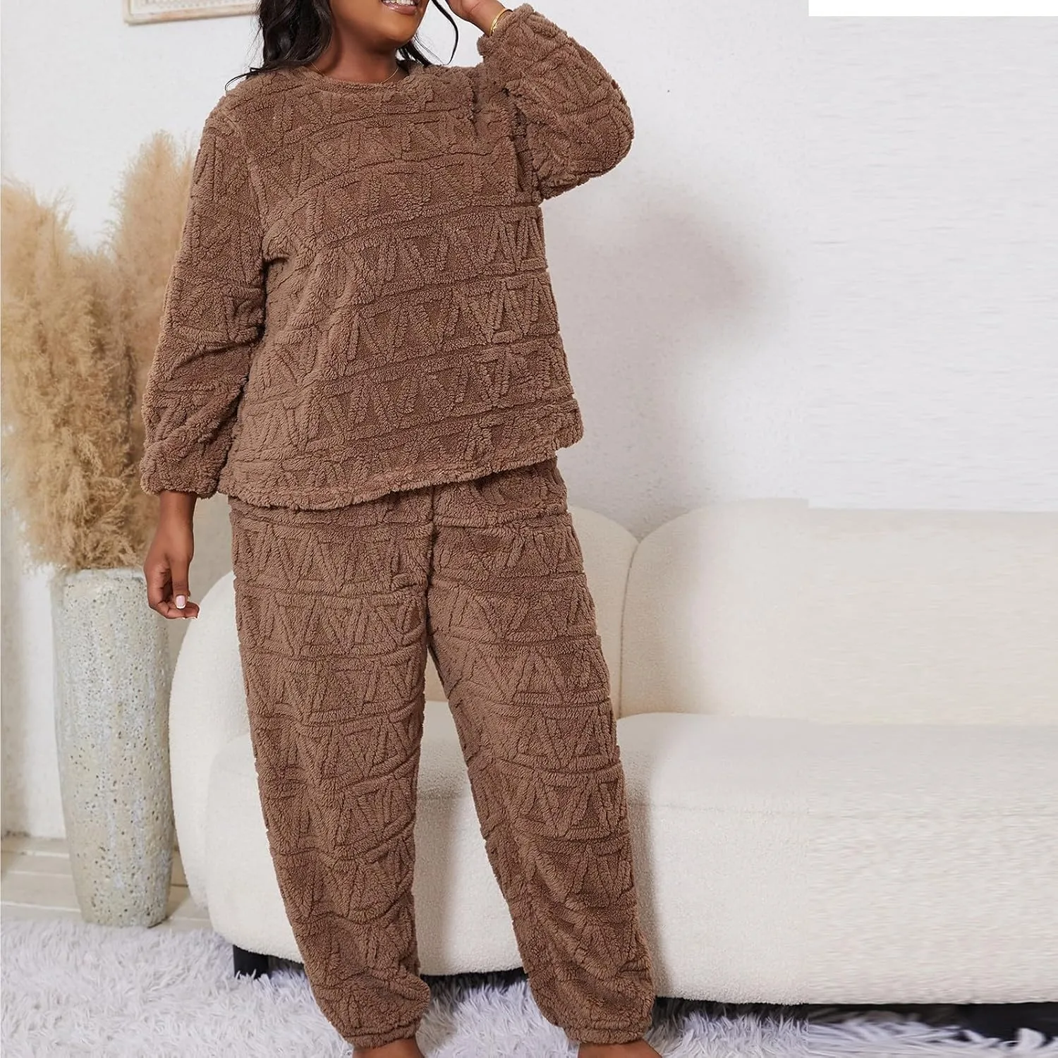 Plus Size Plush Fleece Pajama Set,Womens Soft Solid Plaid Jacquard Pajamas Hoodie and Pant Sets Cozy Lounge Sleepwear