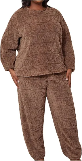 Plus Size Plush Fleece Pajama Set,Womens Soft Solid Plaid Jacquard Pajamas Hoodie and Pant Sets Cozy Lounge Sleepwear