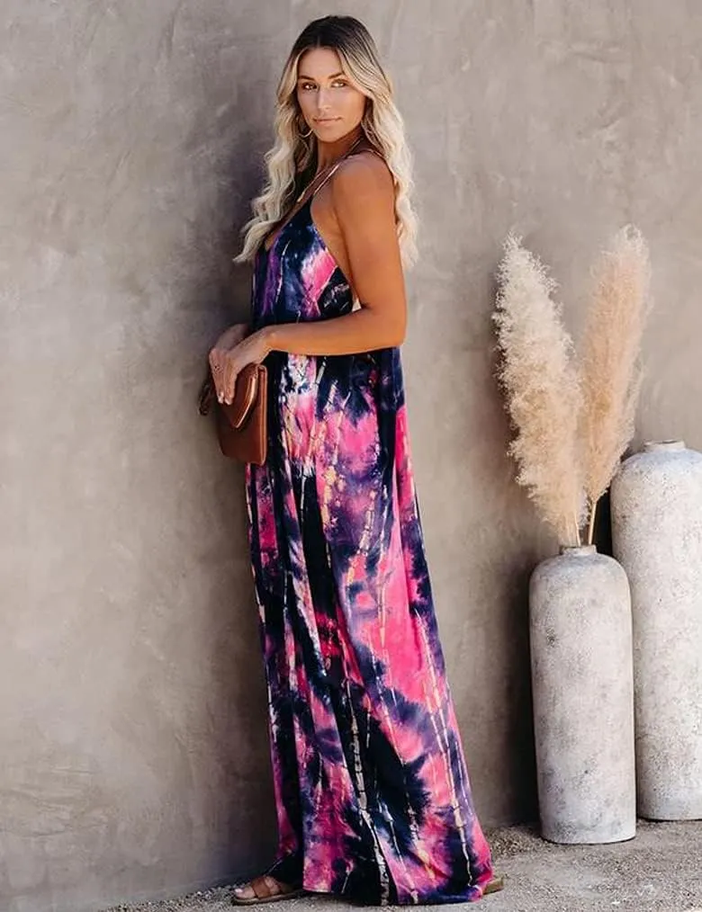 Poetsky Womens Casual Strappy V Neck Sleeveless Flowy Pockets Loose Long Maxi Beach Dress Sundress